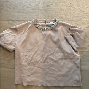 Zara Women's Beige Top with Beaded Neckline